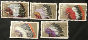 US #2501-2505 Used Booklet Singles (5) Indian Headdresses SCV $1.00 L3