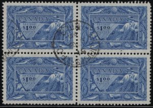 Canada 1951 used Sc 302 $1 Fisherman, Marine life Block of 4 CDS St. John's 5...