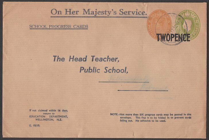 NEW ZEALAND 1954 GVI Education Dept envelope used - TWOPENCE opt............Q559