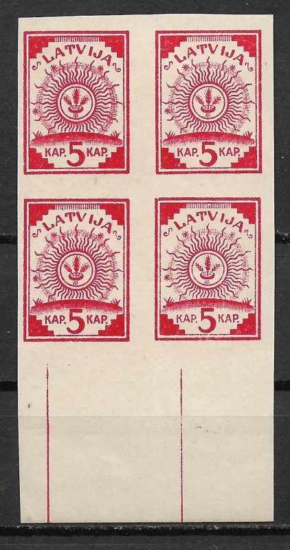 1918 Latvia Sc1 Arms block of 4  printed on brown black map unused.