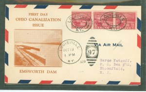 US 681 (1929) 2c Ohio river canalization(strip of three) on an air mail addressed(typed) first day cover with a Louisville, KY c