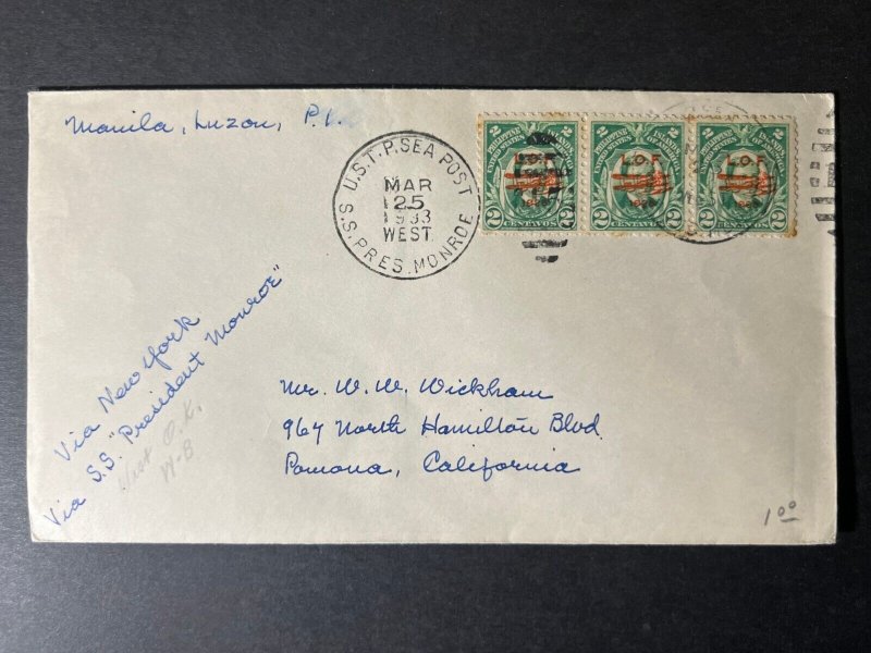 1933 Philippines Cover Manila Luzon PI to Pannara CA USA via SS President Monroe