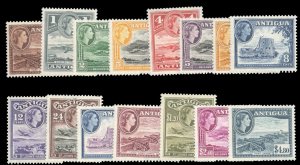 Antigua #107-121 Cat$77.95, 1953-56 QEII, complete set, never hinged