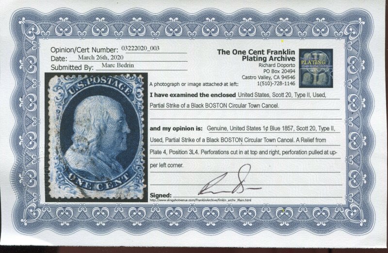 Scott 20 Franklin Used Stamp Plate 4 Pos. 3L4 w/Doporto Cert (Stock 20-D12)
