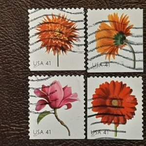 US Scott # 4177,4179-4181; four used 41c Flowers from 2007; VF centering