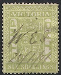 AUSTRALIA Victoria 1891  6sh QV Used VF, Stamp Duty Revenue, ms. cancel