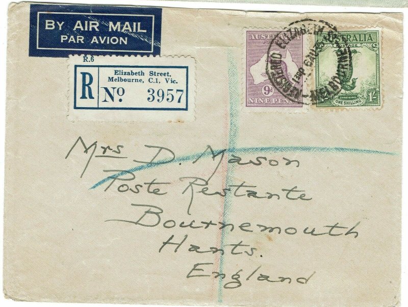 AUSTRALIA 1935 REGISTERED AIRMAIL COVER KANGAROO TO ENGLAND