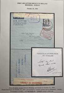 1944 Southern Rhodesia Wartime First Air Letter Censored Cover To Dublin Ireland