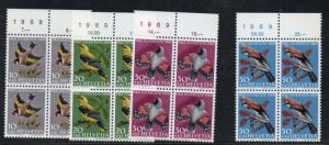 Switzerland Sc B386-9 1969 Pro Juventute Birds stamp set mint NH Blocks of 4