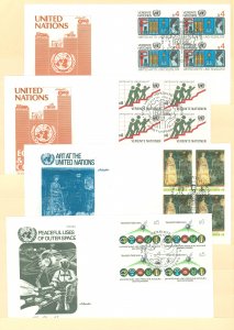 United Nations-Vienna 15-16/20/27 1980-82 economic Council, art, space FDCs, artmaster cachets; 4 different blocks of 4 FDCs, U/