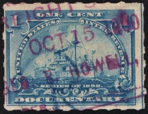 SC#R163p 1¢ Revenue: Documentary: Hyphen Hole Perf 7 (1898) Used/Date Stamped