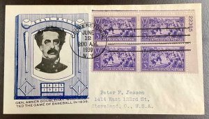855 Cachet Craft Error-Misprint Baseball Centennial FDC 1939 Plate block of 4