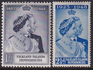 Sc# 1L11 / 1L12 Falkland Island Dependencies 1948 QE set MLH Silver Wedding