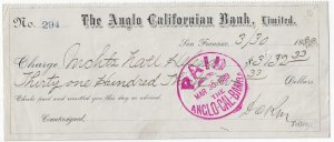 1889 - Anglo-California Bank Check - Ephemera 1090