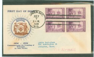 US 739 (1934) 3c Wisconsin Tercentennary (block of four) on an addressed (typed) first day cover (with corner bump) and a cachet
