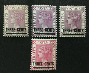 MALAYA Straits  1885 & 94 QV THREE CENTS opt 32c Varieties Mint SG#83&94 M3875