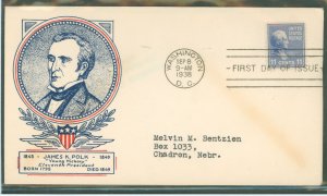 US 816 1938 11c James Polk (part of the Presidential/prexy series) single - on an addressed (typed) FDC with a Clifford cachet