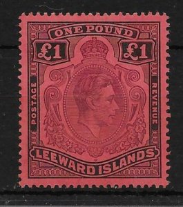 LEEWARD ISLANDS SG114af 1942 £1 PURPLE & BLACK ON CARMINE GASH IN CHIN VAR LMM