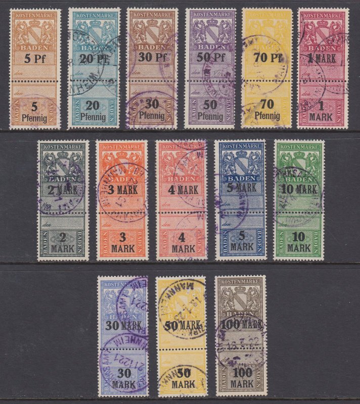 Germany, Baden, 1914 Kostenmarken Fee Revenues, 14 different, used, sound, F-VF. 