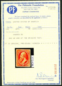U.S. #149 MINT with PF Cert OG Previously Hinged