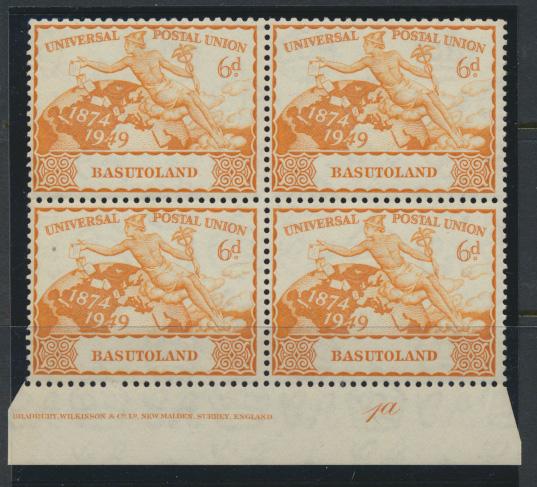 Basutoland  SG 40  SC#43 MNH UPU 1949  Control 1a Block of 4 Bradbury Wilkins...