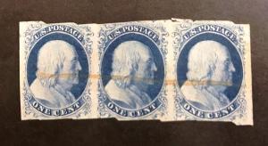 US 1851 Sc. #7 used strip of three, Cat. Val. $500.00