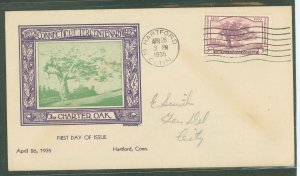 US 772 1935 3c connecticut tercentenary, charter oak single on an addressed fdc with a grandy cachet