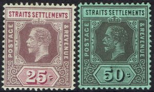 STRAITS SETTLEMENTS 1912 KGV 25C AND 50C DIE I WMK MULTI CROWN CA