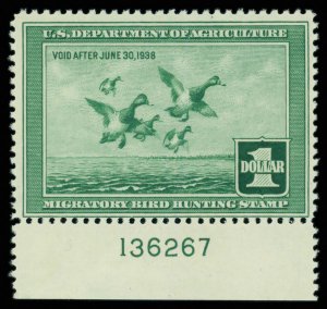 United States #RW4 Mint nh fine  plate number single Cat$300 1937, $1 Scaup D...