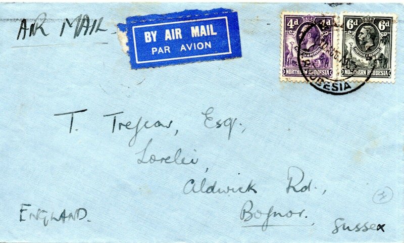 1933 Northern Rhodesia Sg 6/7 4d & 6d Air Mail Cover to Bognor via Cairo