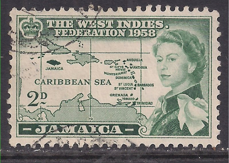 Jamaica 1958 QE2 2d Caribbean Sea used SG 175 ( M1371 )