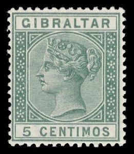 Gibraltar 1889 QV 5c green showing the BROKEN M variety VFM. Scarce. SG 22a.