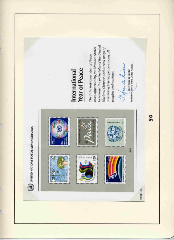 SCOTT SC30  United Nations Souvenir Card  INTERNATIONAL YEAR OF PEACE 1986