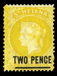 St. Helena #26 Cat$140, 1882 2p on 6p yellow, perf. 14x12 1/2, hinged