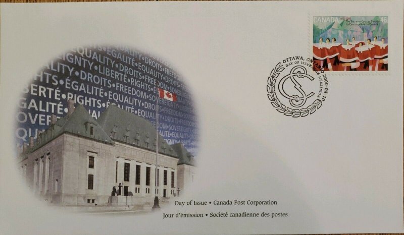 A) 2000, CANADA, ANNIVERSARY OF THE SUPREME COURT, FDC, CANADA POST CORPORATION, 