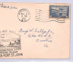 CANADA Air Mail Cover FIRST FLIGHT Vancouver Fort St John USA Quantico 1938 YN96