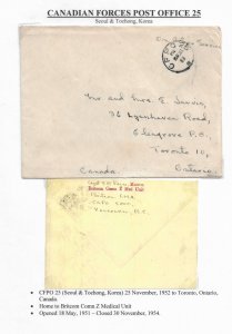 Korean War: Canadian FPO 25, Seoul & Tochong to Toronton, Ontario 1952 (M5884)