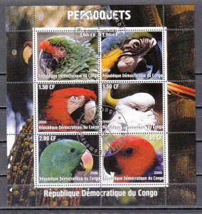 Congo Dem. Rep., 2000 Cinderella. Parrots, sheet of 6. C.T.O.