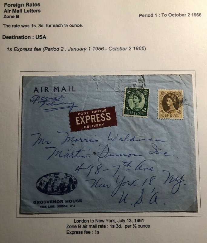 1961 Grosvenor House London England Airmail Express Cover To New York Usa