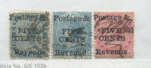 Ceylon QV 1885 3 different values overprinted 5 cents used