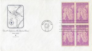 1940 FDC, #895, 3c Pan American Union, Anderson, block of 4