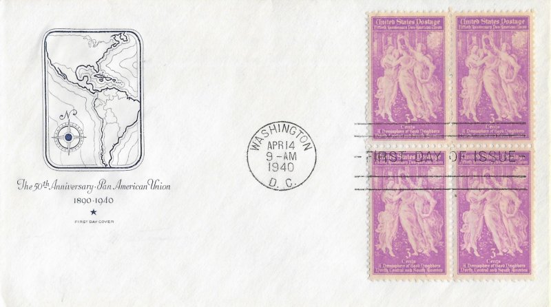 1940 FDC, #895, 3c Pan American Union, Anderson, block of 4