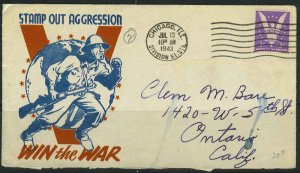 US 1943 WARTIME PATRIOTIC COVER STAMP OUT AGGRESSION