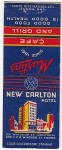 Canada Revenue 1/5¢ Excise Tax Matchbook NEW CARLTON HOTEL Montreal