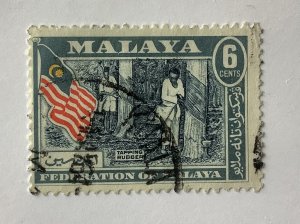 Malaya 1957  Scott 80 used -  6c, rubber tapping