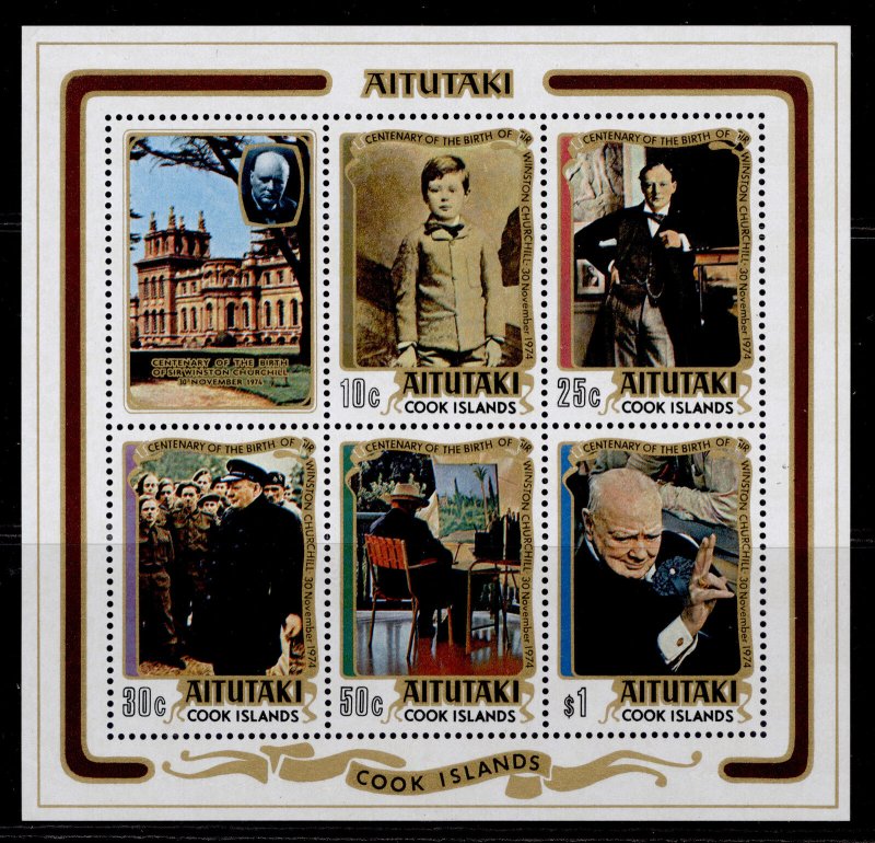 COOK ISLANDS - Aitutaki QEII SG MS141 1974 Winston Churchill mini sheet, NH MINT 