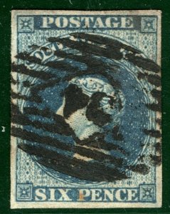 SOUTH AUSTRALIA QV SG.3 6d Deep Blue (1855) Used *34* Numeral Cat £170+ EBLUE61