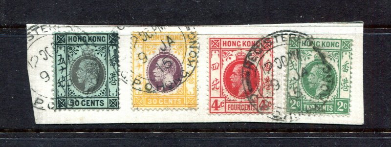 x0191 - HONG KONG Issues of 1912-14 KGV Four Values on Piece. Registered CDS