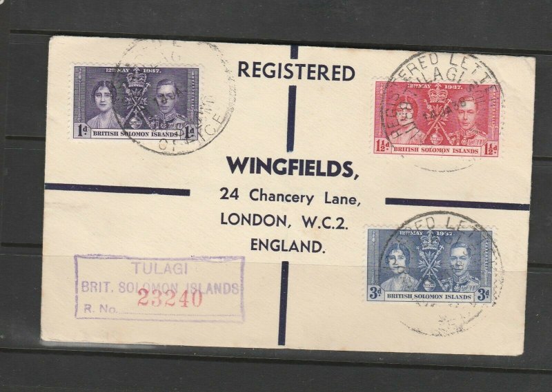 British Solomon Islands 1937 Coronation on Wingfields cover to UK, Registered, 