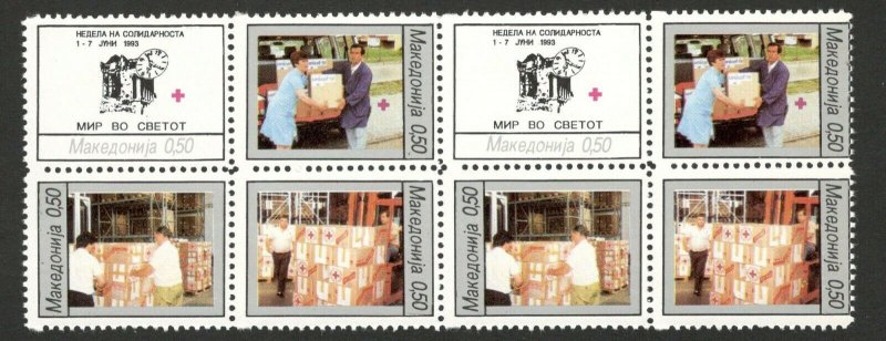 MACEDONIA-MNH** PAIR BLOCKS OF 4 STAMPS, 0.50 - RED CROSS - 1993. (105) 